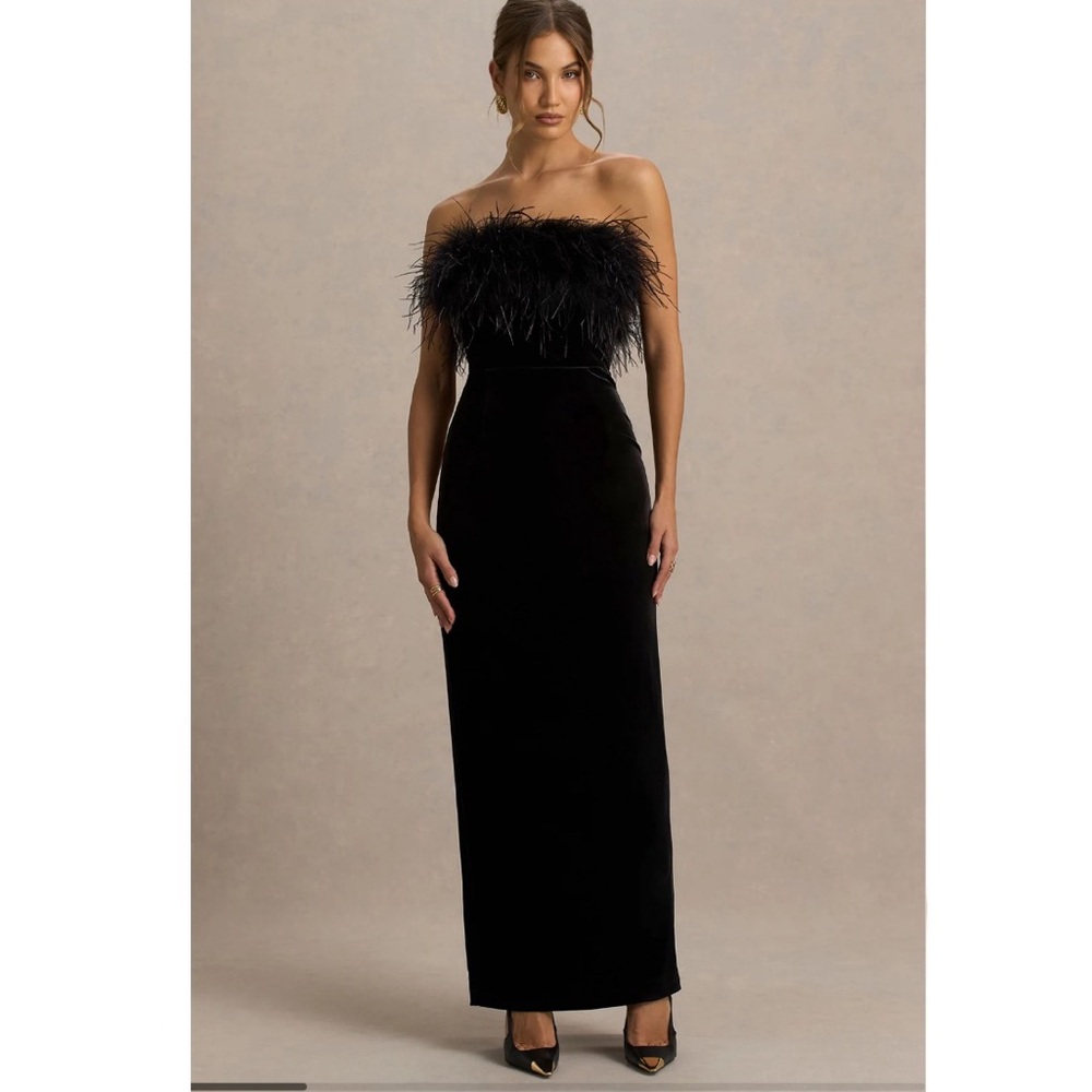 NEW ML Monique Lhuillier Lisette Feather Strapless Gown Black